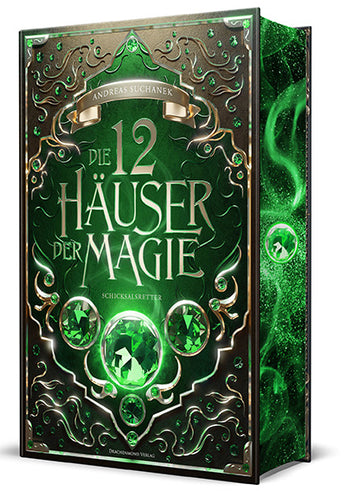 Das Cover ist mittig dunkelgrün und hat in den Ecken und am Rand goldene bis braune Schnörkel und kleine grüne Kristalle. In der Mitte des Covers ist groß der Titel abgebildet. Über dem Titel befindet sich ein kleines Banner, auf dem der Name des Autors steht. Unter dem Titel befindet sich ein großer grüner Kristall, an dessen Seiten jeweils ein mittelgroßer grüner Kristall zu sehen ist. Mittig unter dem großen Kristall befinden sich ebenfalls noch zwei jeweils kleinere grüne Kristalle untereinander.